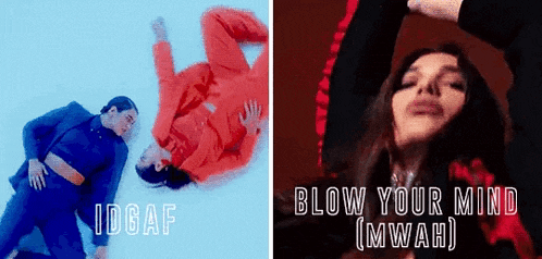 a man and a woman are dancing next to each other with the words blow your mind written on the bottom .