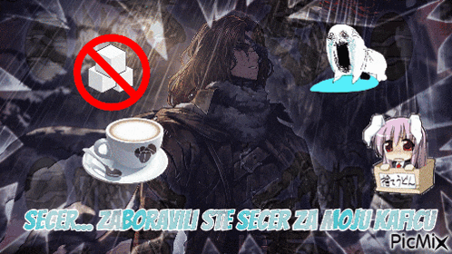a picture of a man with a cup of coffee on a saucer and a sign that says " no sugar "