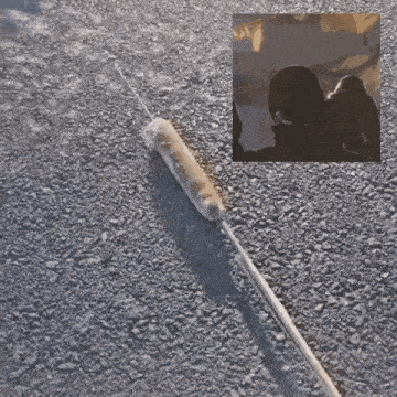 a stick with a feather on it is laying on a gravel surface