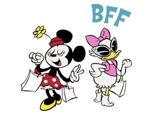 a cartoon of minnie mouse and daisy duck standing next to each other with bff written on the bottom