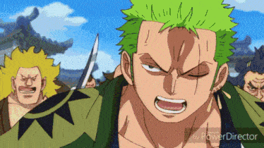 a cartoon of a man with green hair holding a knife and the words power director below him