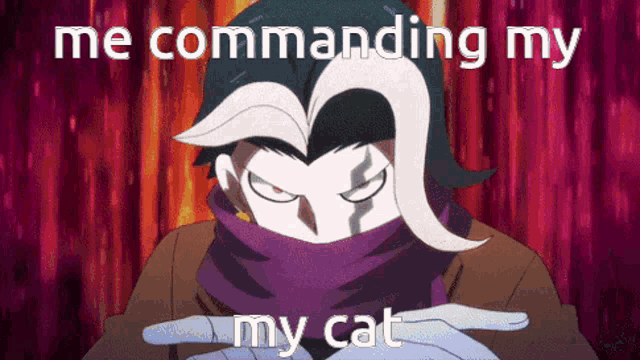 a cartoon character with a scarf around his neck says me commanding my cat .