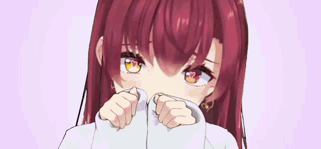 a close up of a girl with red hair and yellow eyes