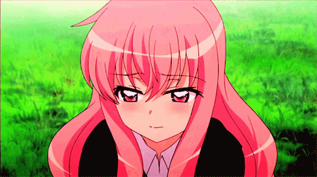 a girl with pink hair and red eyes is standing in a field