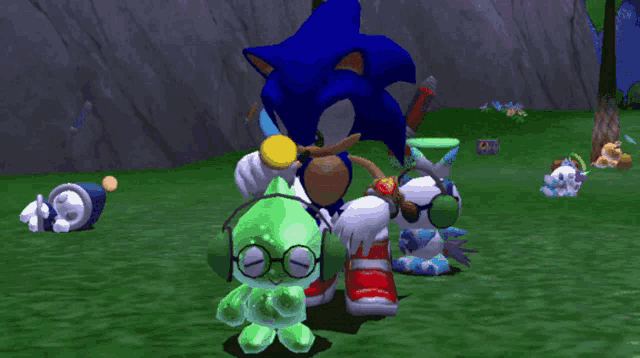 sonic the hedgehog wearing glasses and headphones is standing next to a green stuffed animal