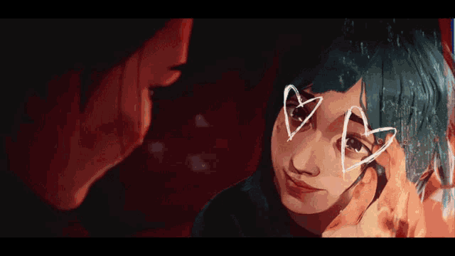 a girl with blue hair looks at herself in a mirror