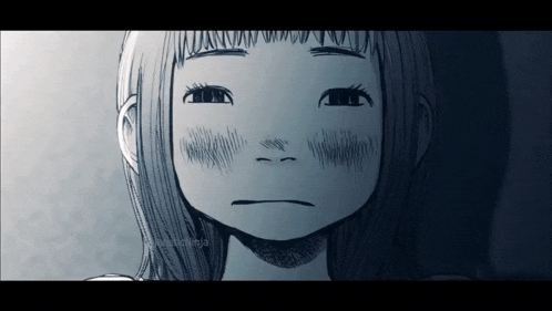 a black and white drawing of a girl with a sad look on her face and the word ninja on the bottom right