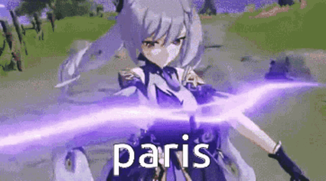 a girl in a purple dress is holding a purple sword .