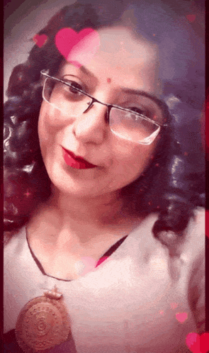 a woman wearing glasses is surrounded by hearts and a coin
