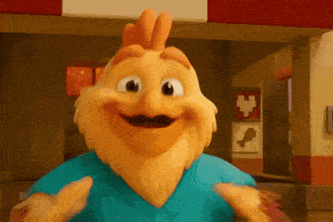a cartoon chicken with a blue shirt is standing in front of a chicken restaurant