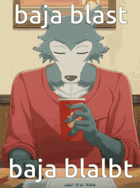 a cartoon of a wolf sitting at a table drinking a soda .