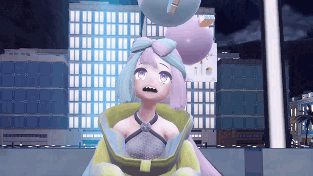 a cartoon character with purple eyes and pink hair stands in front of a building