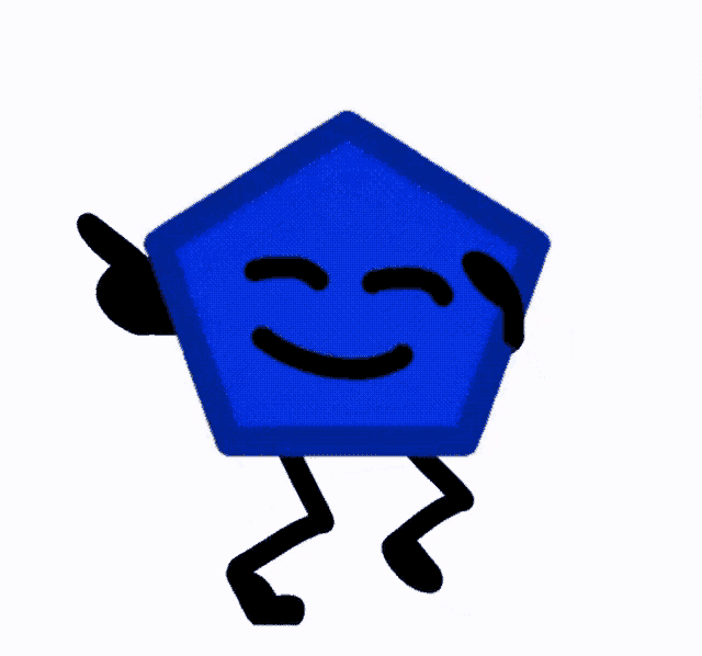 a cartoon drawing of a blue pentagon with arms and legs waving