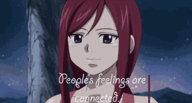 a picture of a girl with red hair and the words people 's feelings are connected