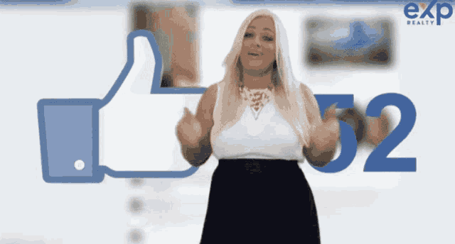 a woman giving a thumbs up in front of a facebook like button and the number 52