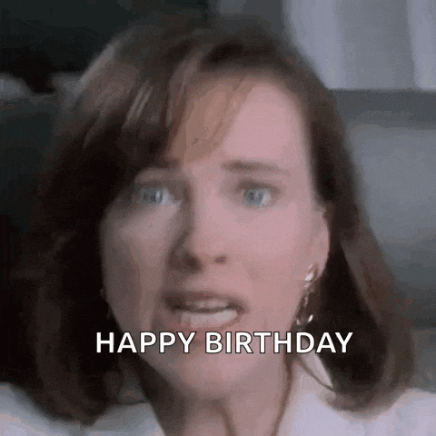 a woman is crying and says `` happy birthday '' .