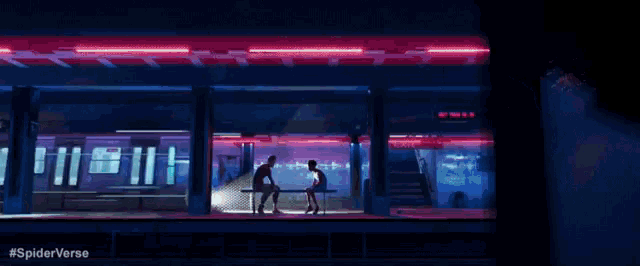 a couple of people standing in front of a train with the words spiderverse written on the bottom