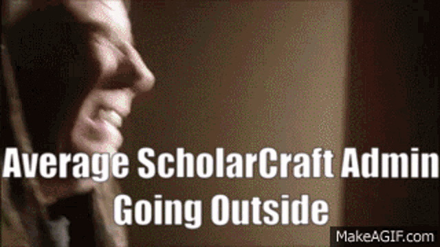 a man in a suit and tie is smiling with the words average scholarcraft admin going outside