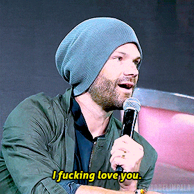 a man in a beanie is holding a microphone and saying " i fucking love you "