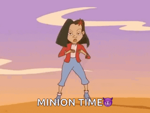 a cartoon girl is standing in front of a purple sky with the words minion time written below her