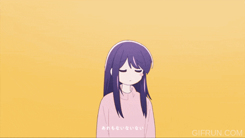 a girl with purple hair is standing in front of a yellow background that says gifrun.com on the bottom