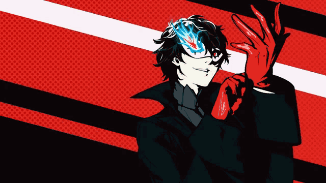a man wearing a mask and red gloves is giving a peace sign