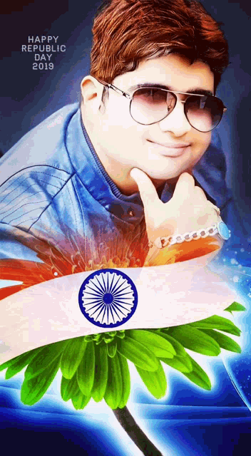 a man wearing sunglasses stands in front of a flower with the words happy republic day 2019