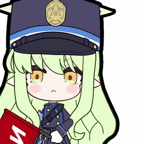 a cartoon drawing of a girl in a police uniform holding a flag with the letter m on it .