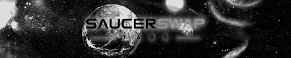 a black and white image of a planet with the words saucer swap written on it