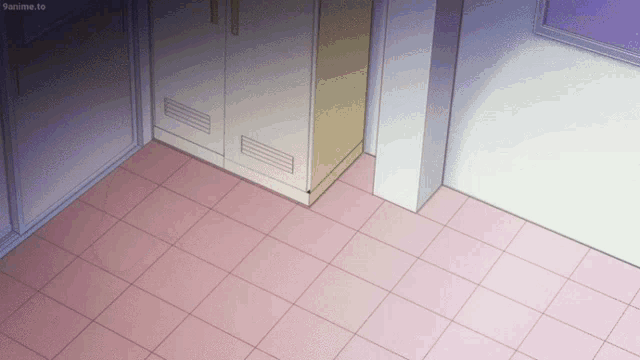 a drawing of a room with a pink tile floor and a purple wall