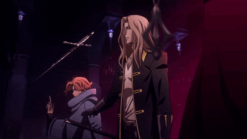 a man holding a sword stands next to another man