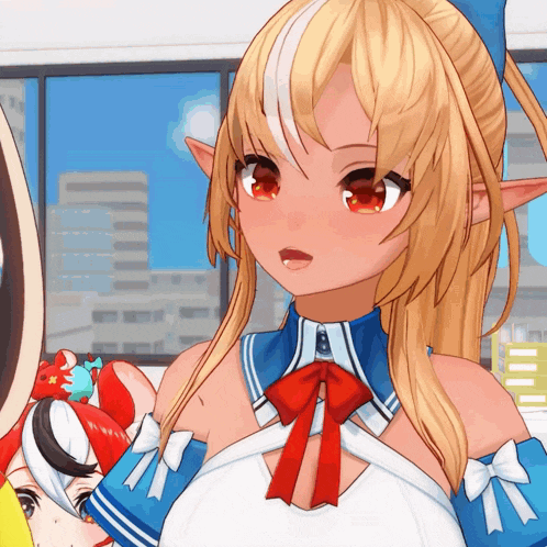 a girl with blonde hair and red eyes is wearing a blue outfit