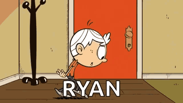a cartoon character with the name ryan standing in front of a red door