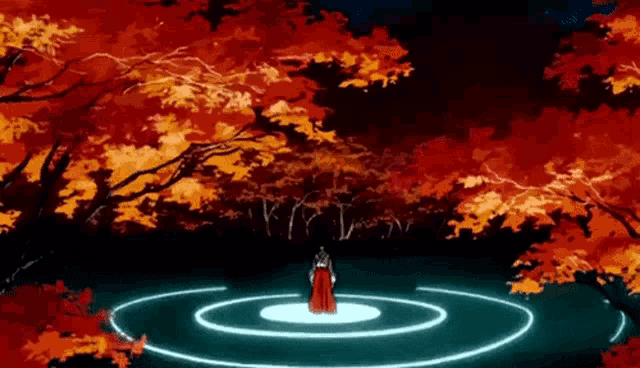 a person in a red kimono is standing in a circle in a forest .