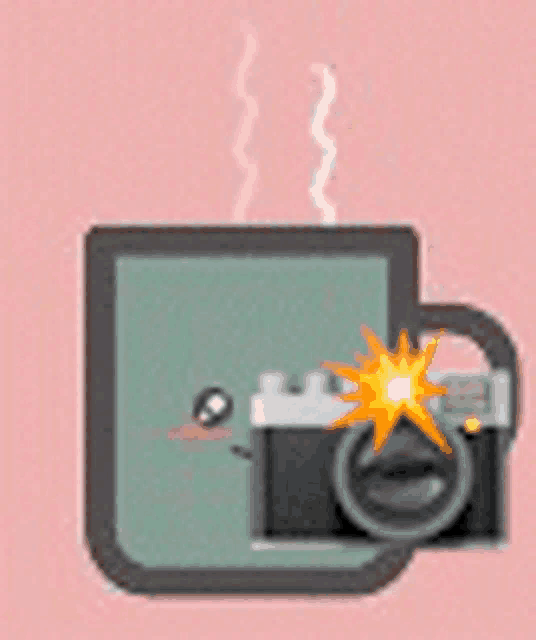 a cup of coffee with a camera taking a picture of it on a pink background .
