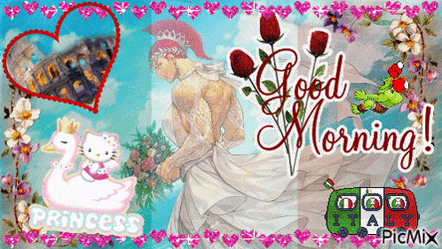 a picture of a princess and a man with the words good morning written on it