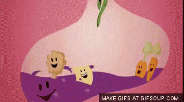 a cartoon of vegetables with smiley faces and the words make gifs at gifsoup.com below them
