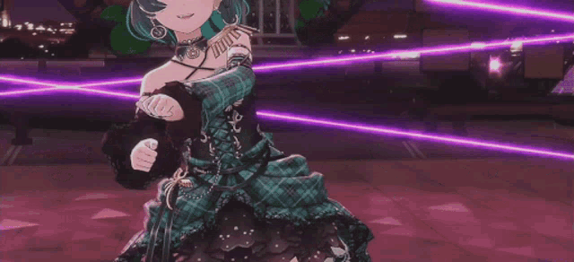 a girl in a plaid dress and hat is surrounded by purple lasers