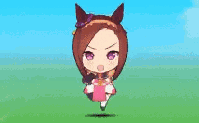 a little girl with purple eyes is standing in a field surrounded by stars .