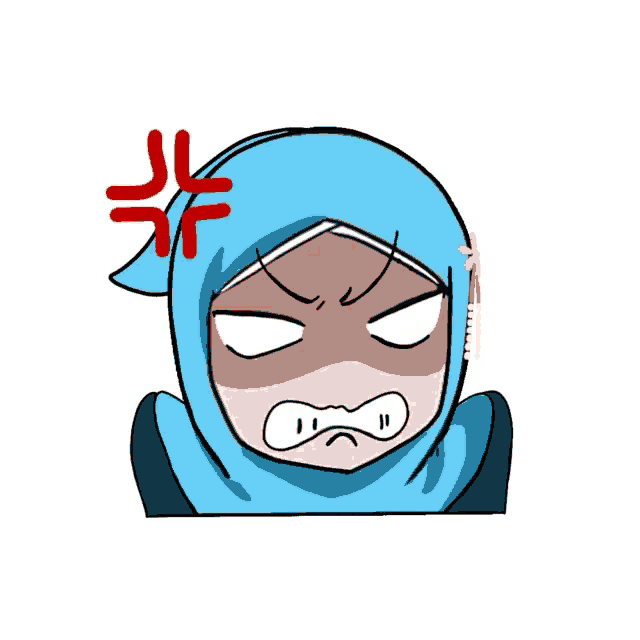 a cartoon of a woman wearing a blue hijab with an angry face