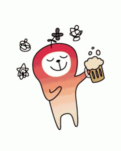 a cartoon character with a flower on his head holding a beer mug