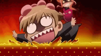a cartoon character is falling into a fire while a girl looks on .