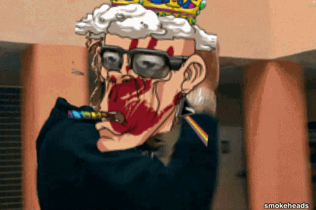 a cartoon of a man wearing glasses and a crown smoking a cigarette
