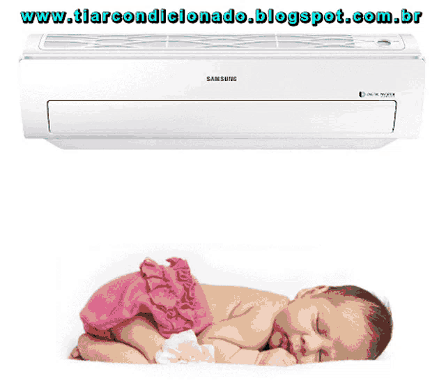 a baby is sleeping next to a samsung branded air conditioner