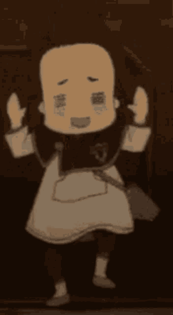 a cartoon character is standing in a dark room with his arms up .