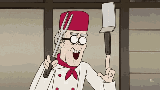 a cartoon chef is holding a spatula and a fork in his hand