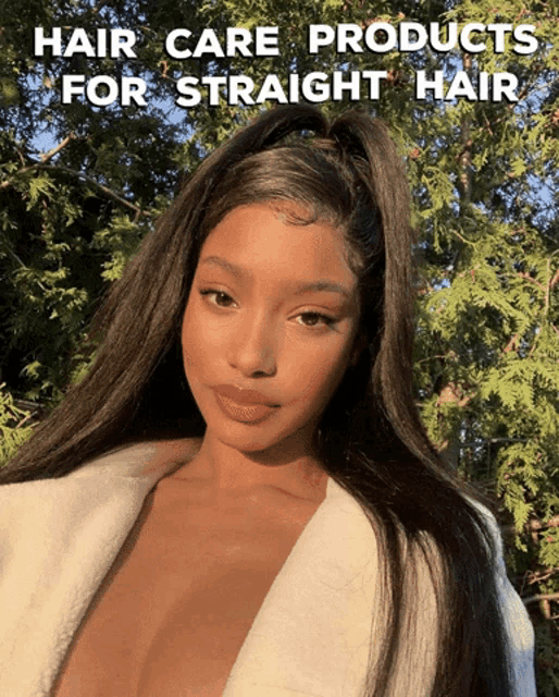 a woman with a ponytail and the words hair care products for straight hair behind her