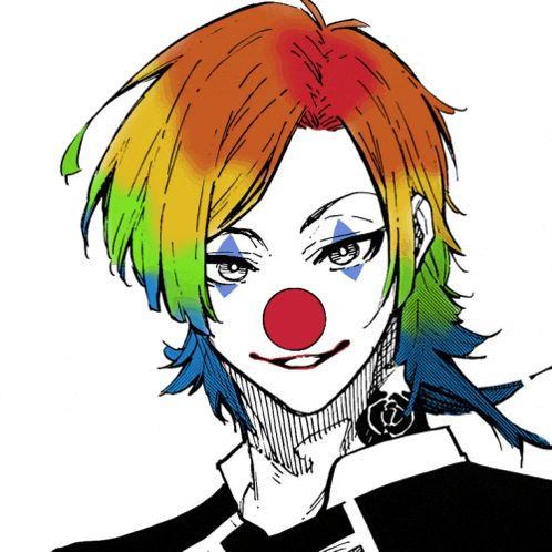 a drawing of a girl with rainbow hair and a clown nose