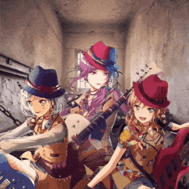 a group of anime girls are playing guitars and a banjo
