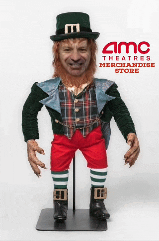 an amc theatres merchandise store with a leprechaun on display